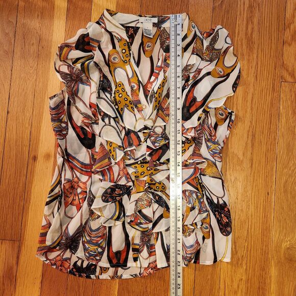 Y2K Cache Vibrant Elegant Shoe-Print Sleeveless Ruffled Button Up Blouse, Sz S - Picture 8 of 8